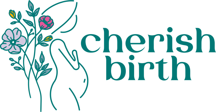 Cherish Birth logo with illustrated flowers and outline of a pregnant woman